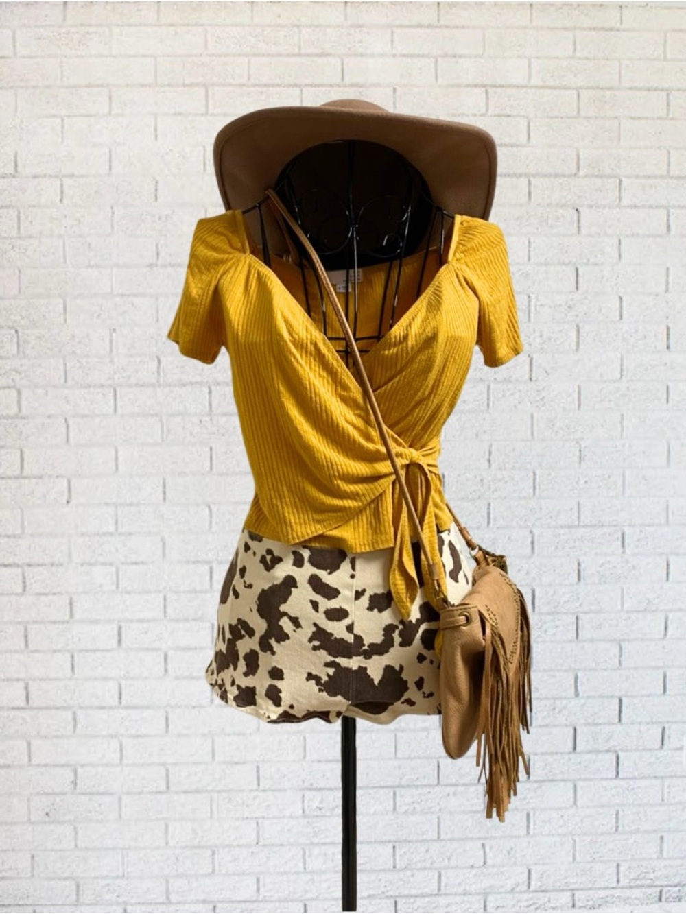 Yellow Ribbed Crop Top Wrap Tie Bow Hippie Boho Bohemian Women Small Summer Chic